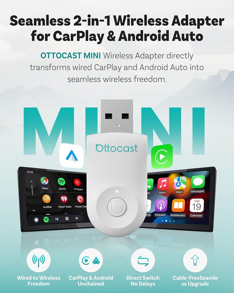 Ottocast محول Mini 2025 اللاسلكي CarPlay و Android Auto 2 في 1، توصيل وتشغيل، واي فاي 5GHz، اتصال تلقائي لـ iPhone و Android، يناسب 98%+ من سيارات CarPlay السلكية الأصلية - Image 1